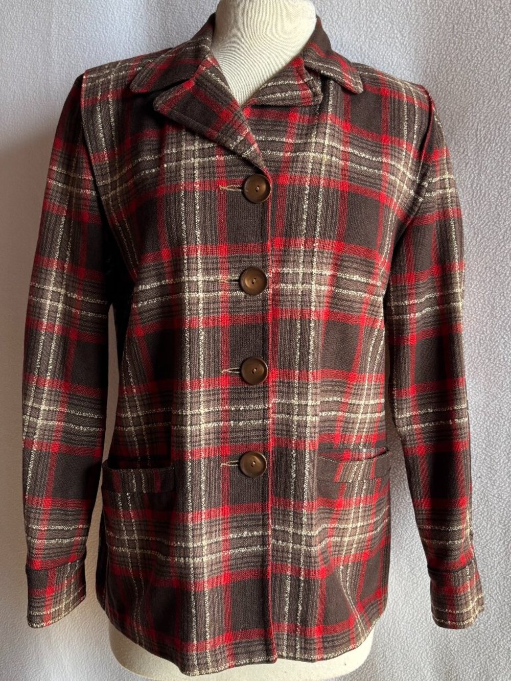 1940s 1950s Red Wool Plaid Loose Fitting Jacket
